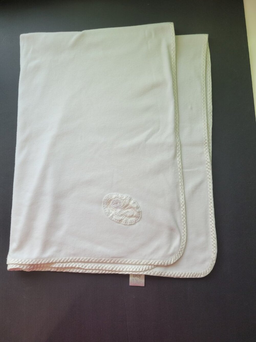 Vintage Baby Dior White Baby‎ Blanket 36 x 30 Luxury Nursery Cotton Satin Edge